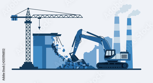 Industrial Demolition: Modern Construction Site Depicting Building Destruction Process