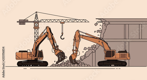 Industrial Demolition: Excavators And Construction Crane Deconstructing A Building