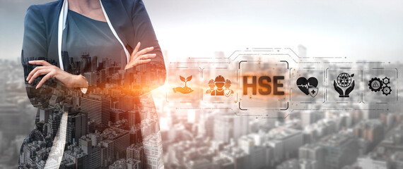 Professional Woman with Crossed Arms Over Cityscape with HSE Icons Representing Health Safety Environment Concept Sigmoid