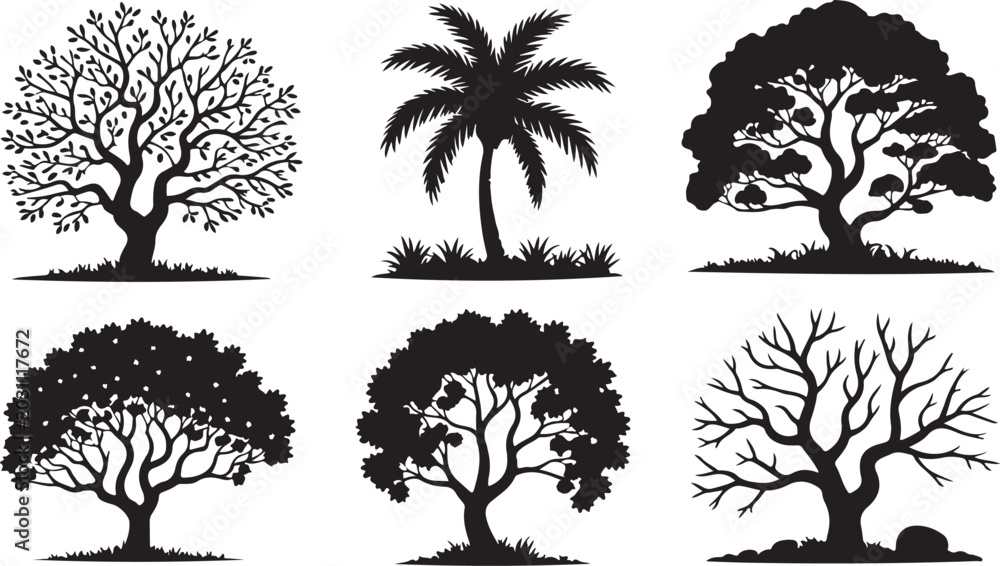 Fototapeta premium Set of black silhouettes of different trees
