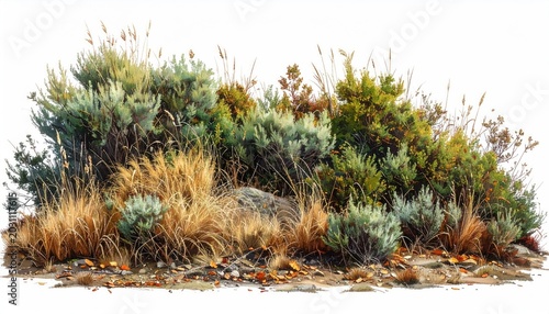 Arid scrub brush, dry grasses, rocks, and fallen leaves create a natural ground cover
