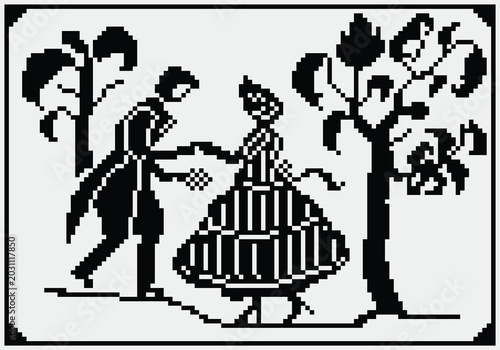 Photos Black and white pixel art illustration of a traditional vintage romantic couple