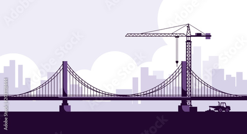 Minimalist Illustration Of A New Suspension Bridge Under Construction With Crane At Work