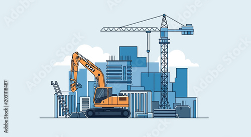 Minimalist Illustration of Construction Site Featuring Excavator And The City Silhouette