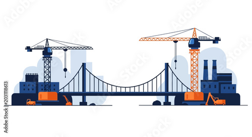 Modern Bridge Construction Project in Progress with Heavy Machinery and Industrial Buildings