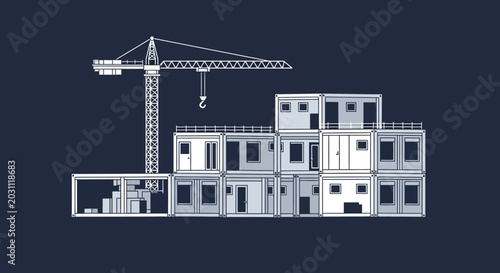 Modern Construction Concept Depicting Modular Buildings Assembled by a Crane Against Dark Background