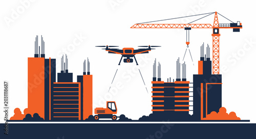 Modern Construction Processes Showed With Drones, Cranes And Buildings Under Construction