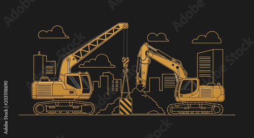 Modern Construction Machinery Depicted in Unique Illustration Over Dark Background Design