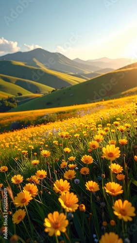 Golden sun illuminates rolling green hills carpeted with vibrant yellow wildflowers