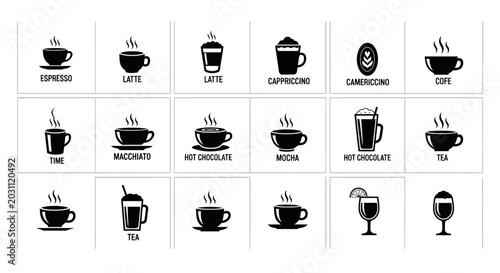 Fotografía Coffee Drinks Icons: Espresso, Latte, Cappuccino, Mocha, Hot Chocolate, Tea, Mac