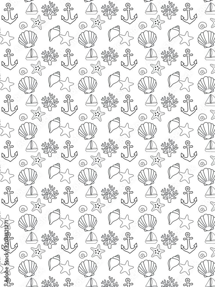 Fototapeta premium Nautical seamless pattern with anchors, seashells, coral, sailboats and starfish in dark outline style. Ideal for wrapping paper, textile prints, wallpapers and coastal branding.