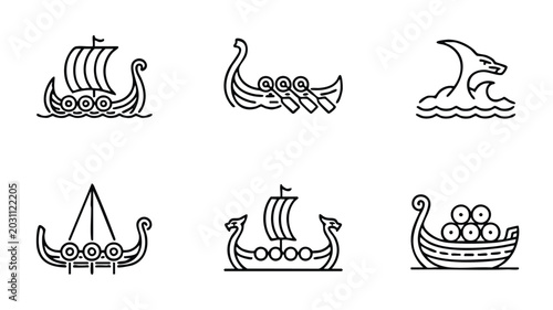 Bild auf Leinwand Viking ship icons set with various boat designs and a dolphin
