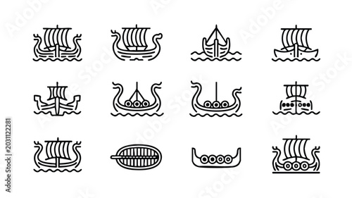 Slika na platnu Collection of various Viking ship icons and sailing vessels on water
