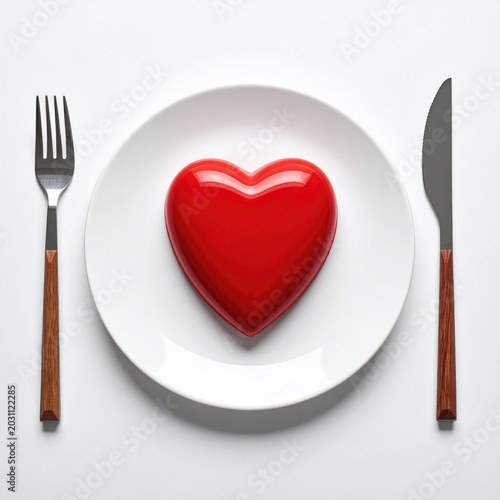 A red heart sits on a white plate with a fork and knife