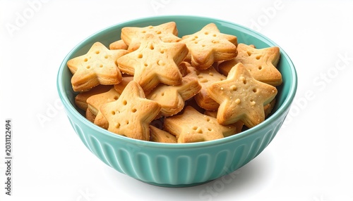 A turquoise bowl filled with golden star-shaped cookies, some showing small perforations