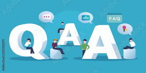 qa letters with people and speech bubbles illustration