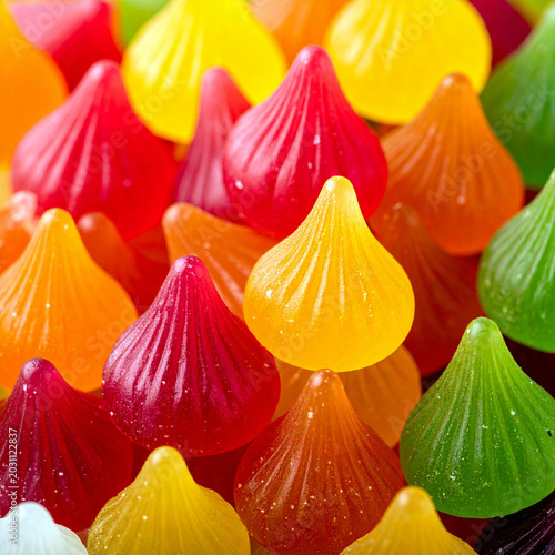 A pile of tear-drop shaped candies in bright fruit flavored colors in bright studio quality light. Ai
