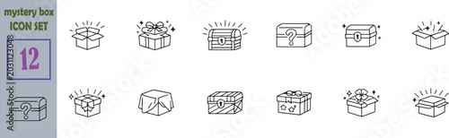 Bild auf Leinwand Mystery Box Outline Icons Set – 12 Modern Surprise and Loot Reward Vector Icons