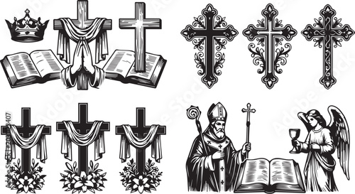 Foto Christian religious vector collection with crosses bible angel bishop crown and