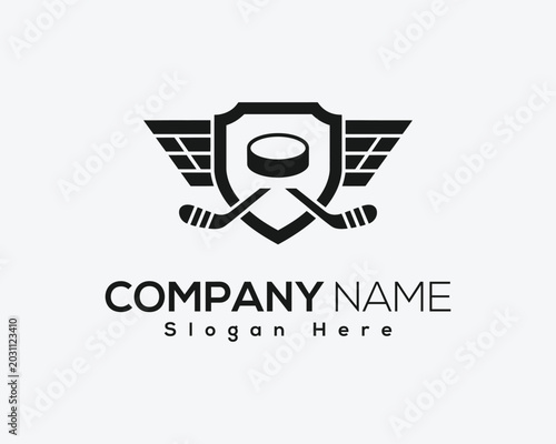 Photography Hockey Shield Logo Design – Modern Ice Sports Team Badge Vector Illustration