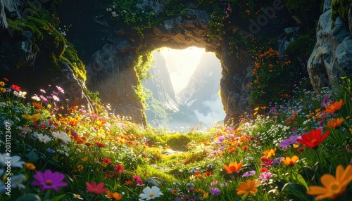 Sunlit cave opening revealing a vibrant meadow and distant majestic mountains