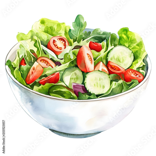 Watercolor fresh mixed salad bowl with tomatoes and cucumbers isolated on white background.