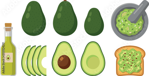 Bild auf Leinwand Fresh Avocado and Guacamole Vector Collection with Healthy Ingredients, Avocado