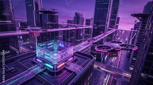 Futuristic cityscape with drone transportation system and illuminated structures