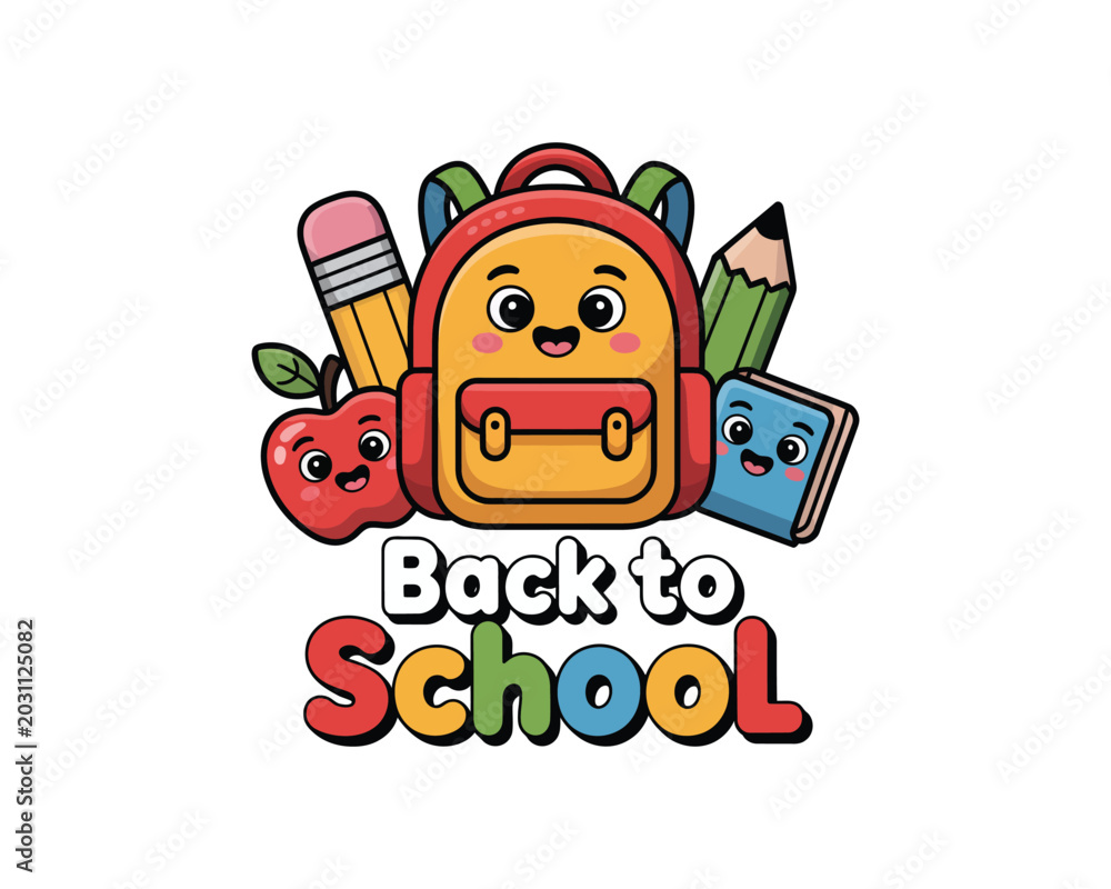 Fototapeta premium Back to School Cartoon Logo Design – Cute Student Supplies Flat Vector Illustration