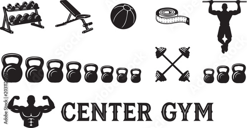 Foto Gym fitness equipment and bodybuilding icon collection featuring kettlebells dum