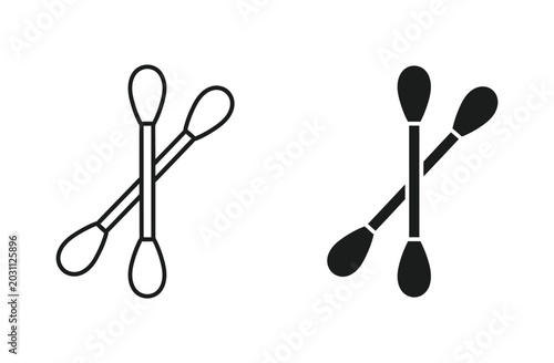 Double cotton swab sticks in clean outline and solid black vector graphic icon set for medical health and personal hygiene design projects