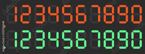 Digital Seven Segment Display Number Set in Red and Green. Vector set for electronic clock faces, countdown timers, scoreboards, calculator interfaces, industrial measuring equipment