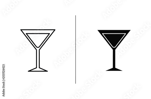 Elegant martini glass icon set featuring outline and solid black silhouettes for bar menu design and cocktail party graphic templates