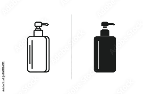 Liquid soap dispenser bottle with pump vector icon in clean black and white line art for hygiene and personal care branding elements