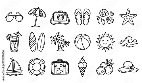 Quadro su tela Hand Drawn Summer Beach Travel Icons Vacation Doodle Vector Collection