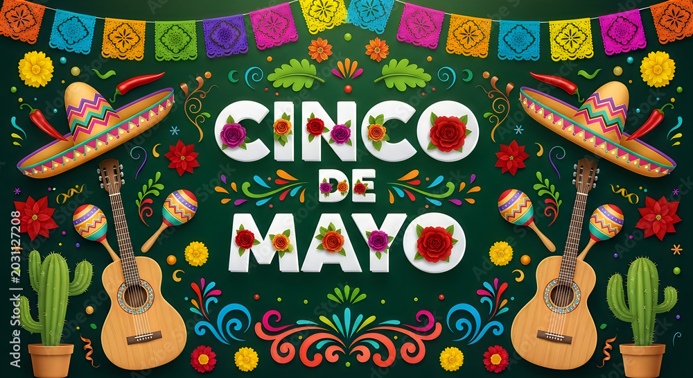 Naklejka premium Cinco de mayo celebration banner with traditional mexican instruments and floral decorations