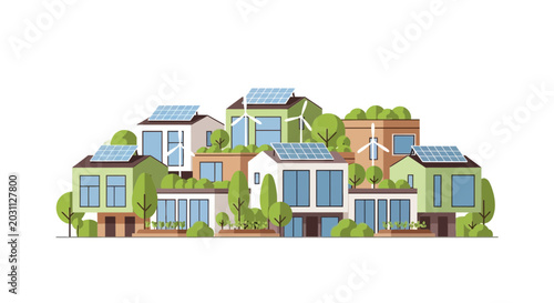 Photos Sustainable eco-friendly houses with solar panels and wind turbines illustration