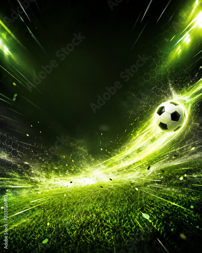 Soccer Ball with Neon Green Energy Trail on Futuristic Grass Field
