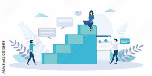 Photos teamwork illustration with steps and communication elements
