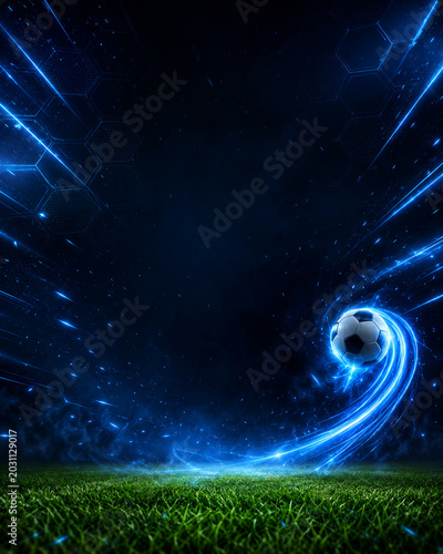 Futuristic Soccer Ball with Electric Blue Motion Trail and Hexagon Background