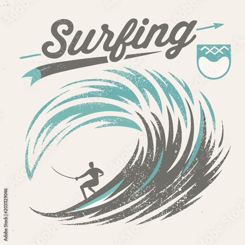 Cuadro en lienzo vintage style surfing illustration with surfer riding wave