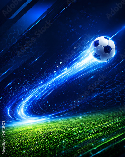 Futuristic Soccer Ball Flying with Blue Light Streaks and Grass Texture