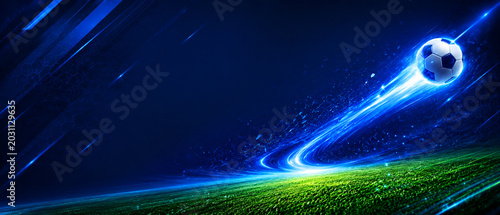Futuristic Soccer Ball Flying with Blue Light Streaks and Grass Texture