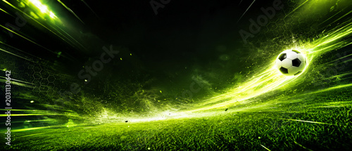 Soccer Ball with Neon Green Energy Trail on Futuristic Grass Field