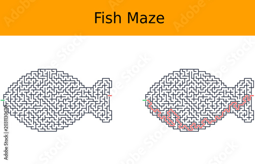 Bild auf Leinwand Fish maze worksheet with unsolved labyrinth solved path panel orange header blac