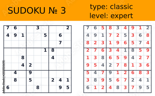 Bilde på lerret Classic expert sudoku worksheet number three with puzzle grid solution panel ora