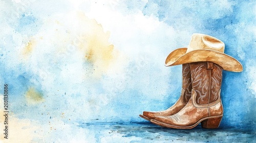 Watercolor cowboy boots and hat illustration