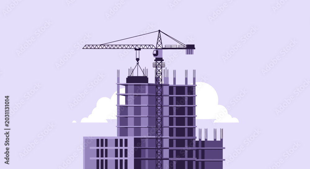 Obraz premium Modern Construction Site in Progress with Crane Building a High-Rise Apartment Building
