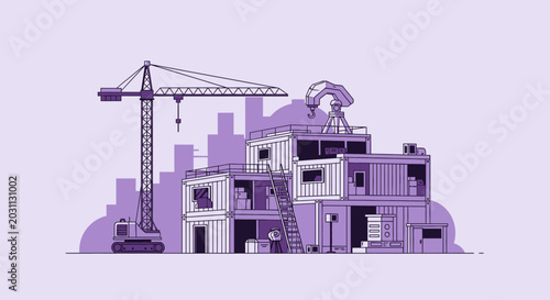 Modern Construction Site in Progress Featuring Recycled Containers and Crane Illustration