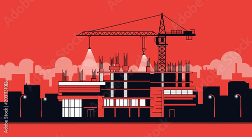 Modern Construction Site in Progress with a Towering Crane Under Red Vibrant Evening Light